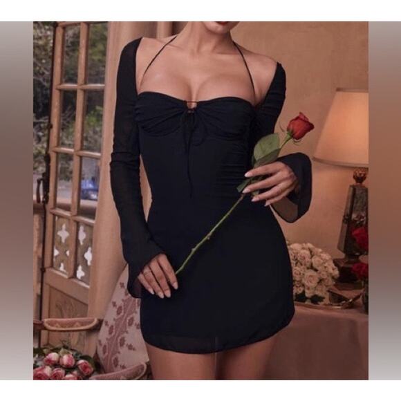 House of CB BabyDoll Black Chiffon Halter Mini Dress Size L+ and Bigger Cup - Picture 1 of 6